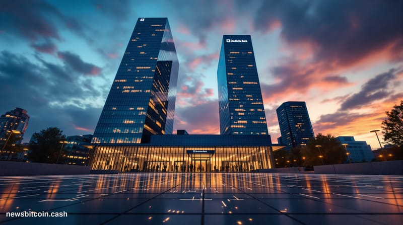 Cinematic photorealistic editorial photograph of Deutsche Bank's iconic twin-tower headquarters in Frankfurt, Germany, shot a