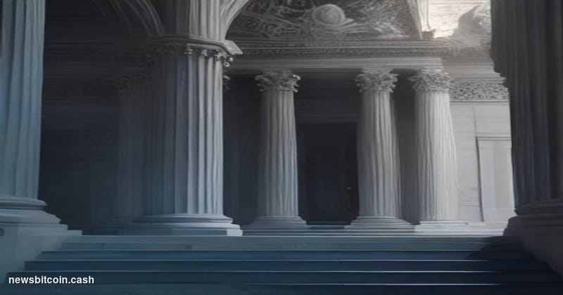 Cinematic photorealistic editorial photograph shot at a low angle looking up at the U.S. Department of Justice headquarters i