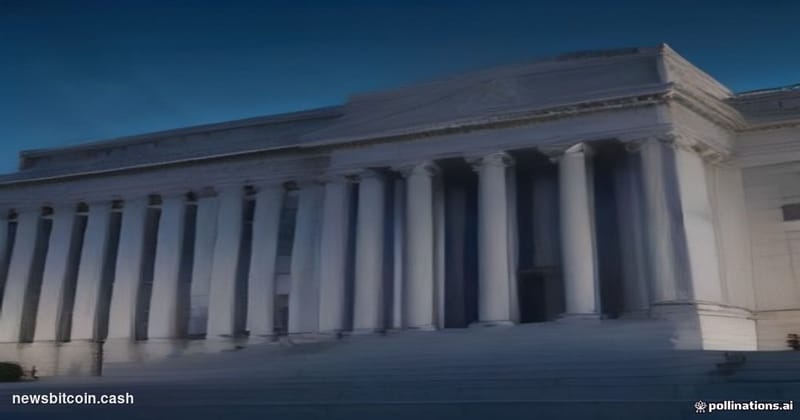 Cinematic photorealistic editorial photograph of the exterior of the U.S. Department of Justice headquarters building in Wash