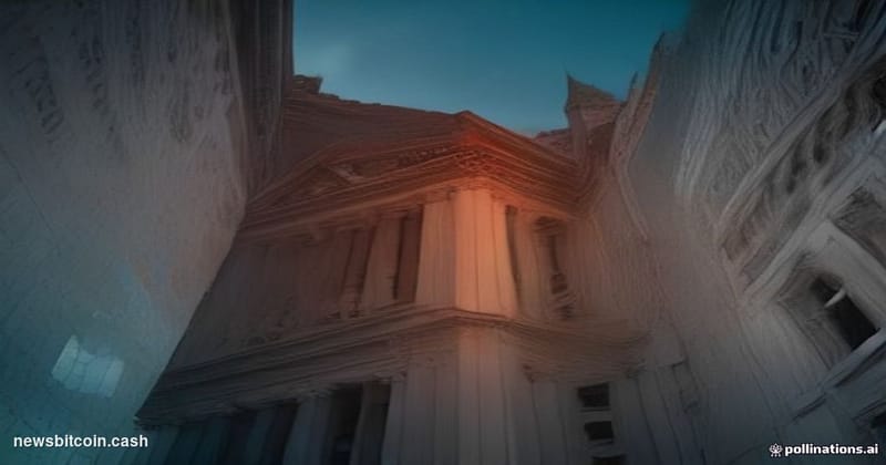Cinematic photorealistic editorial photograph shot at a low angle looking up at the imposing stone facade of the U.S. Departm