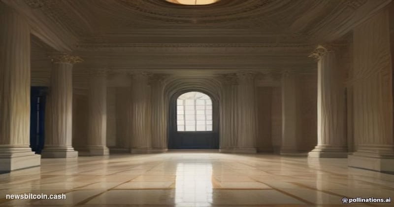 A cinematic photorealistic editorial photograph set inside a monumental financial clearing house interior — modeled on the ne