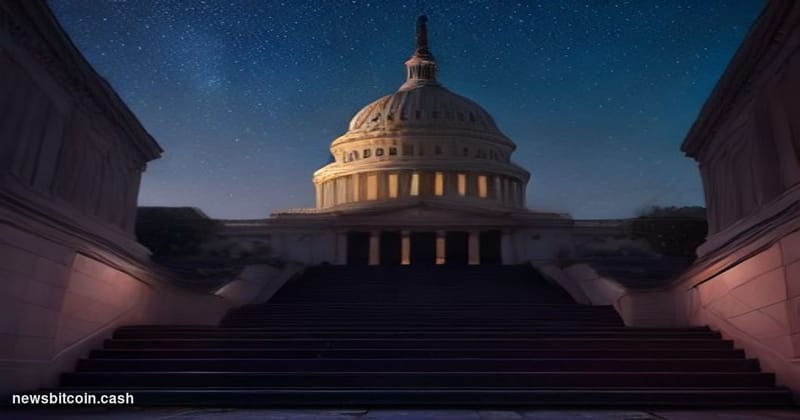 A cinematic photorealistic editorial photograph of the United States Capitol building in Washington D.C. shot from a low angl