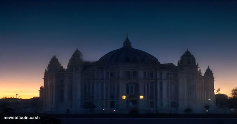 A dramatic cinematic editorial photograph of El Salvador's government district in San Salvador, with the iconic National Pala