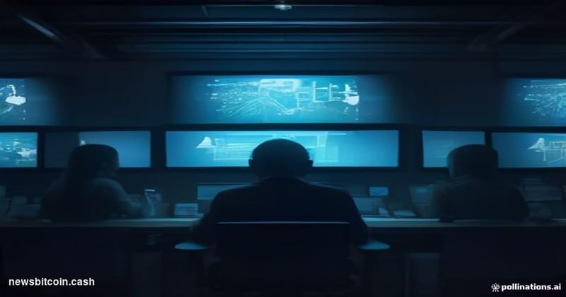 Cinematic photorealistic editorial photograph of three engineers in a dimly lit, high-tech workspace filled with multiple mon