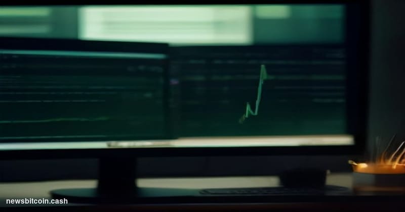 Cinematic photorealistic editorial photograph of a Bloomberg-style multi-monitor trading terminal in a dimly lit professional