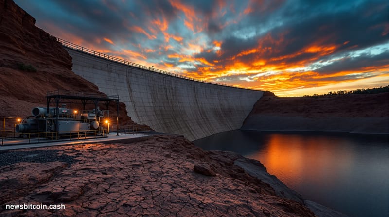 Cinematic photorealistic editorial photograph of the Grand Ethiopian Renaissance Dam on the Blue Nile, shot from a low angle 