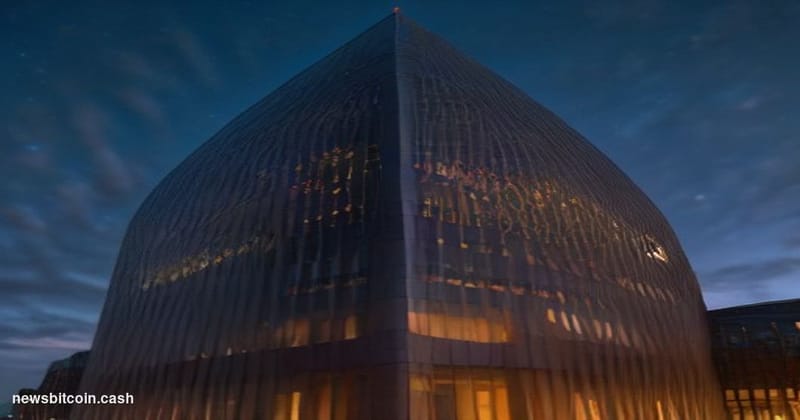 Cinematic photorealistic editorial photograph of the European Parliament building in Strasbourg at dusk, shot from a low angl