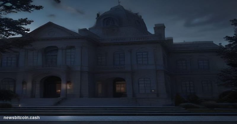 Cinematic photorealistic editorial photograph of an FBI field office exterior at dusk, the iconic blue-and-gold FBI seal prom