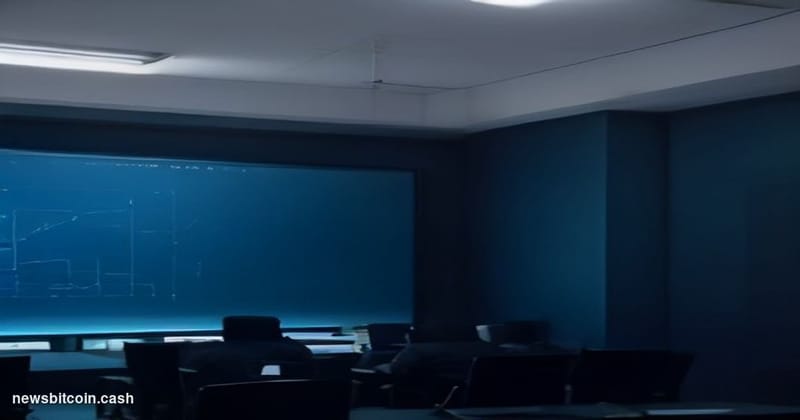 Cinematic photorealistic editorial photograph of a sleek FBI field office operations room, shot from a low angle looking up a