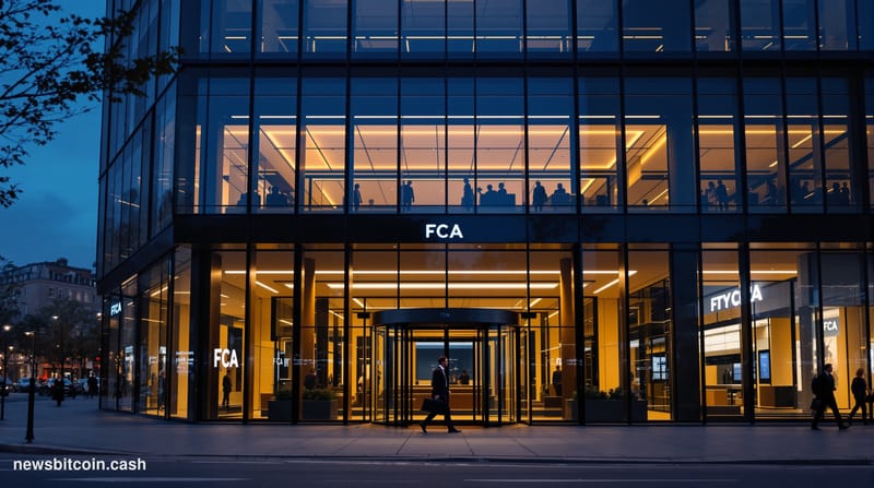 Cinematic photorealistic editorial photograph of the Financial Conduct Authority's Stratford headquarters in east London — th