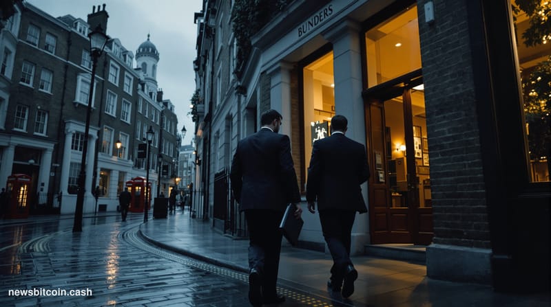 Cinematic photorealistic editorial photograph of a narrow London street in the financial district, late afternoon, with overc