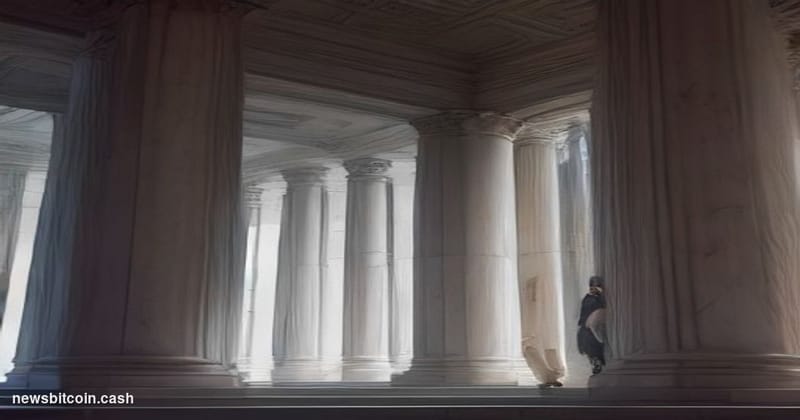 Cinematic photorealistic editorial photograph of the Federal Reserve's Eccles Building in Washington D.C., shot at dusk from 