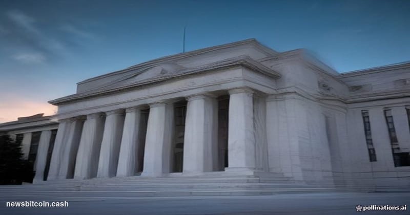 Cinematic photorealistic editorial photograph of the Marriner S. Eccles Federal Reserve Building in Washington D.C., shot fro