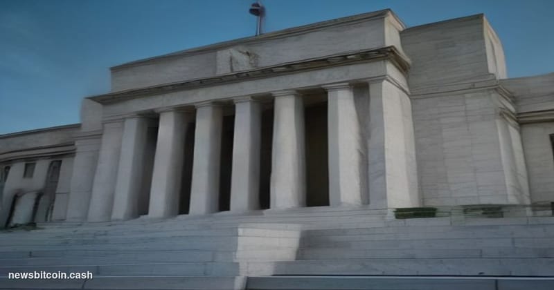 Cinematic photorealistic editorial photograph of the Federal Reserve building in Washington D.C. at dusk, shot from a low ang