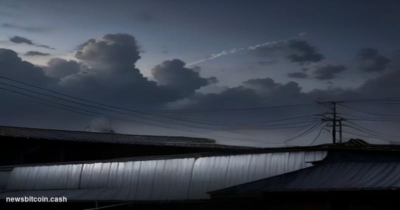 Cinematic photorealistic editorial photograph of a Southeast Asian urban-industrial compound at dusk, shot from a low angle l