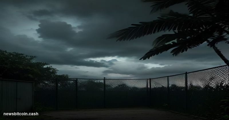 Cinematic photorealistic editorial photograph shot from a low angle at dusk, looking up at a heavily fortified compound compl