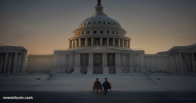 Cinematic photorealistic editorial photograph of the United States Capitol building in Washington D.C. shot at dusk from a lo