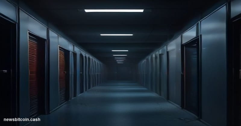 Cinematic photorealistic editorial photograph of a desolate, rain-slicked server room corridor at night, dramatically lit by 