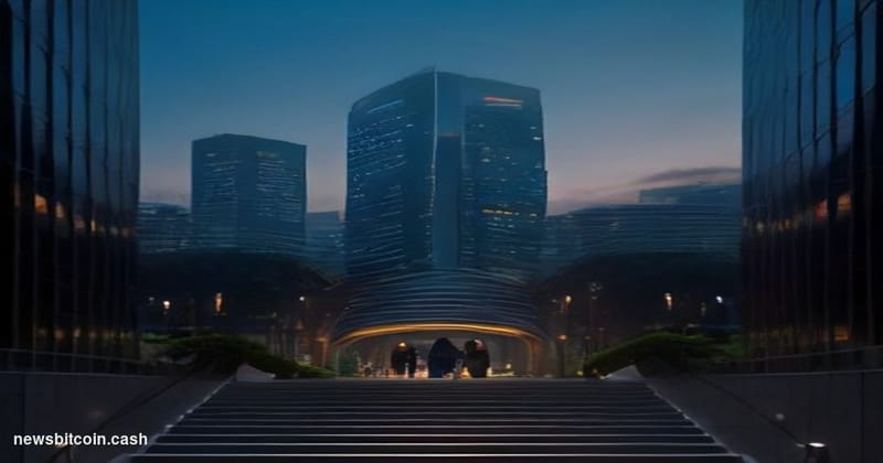 Cinematic photorealistic editorial photograph of Singapore's Marina Bay financial district at dusk, with the iconic Marina Ba