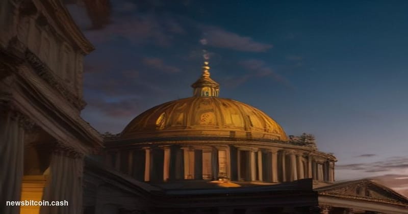 Cinematic photorealistic editorial photograph of the Reichstag building in Berlin at dusk, its iconic glass dome illuminated 