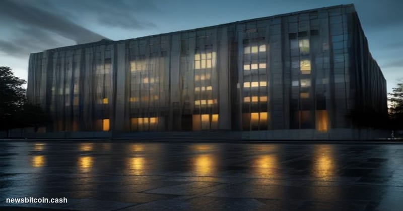 Cinematic photorealistic editorial photograph of the German Federal Finance Ministry building in Berlin — the imposing modern