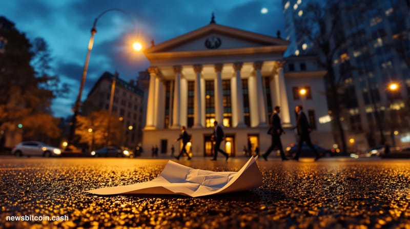 Cinematic photorealistic editorial photograph of the New York Stock Exchange trading floor exterior on Wall Street at dusk, d