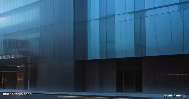 Cinematic photorealistic editorial photograph of a Coinbase office entrance in San Francisco's tech corridor, shot at dusk wi