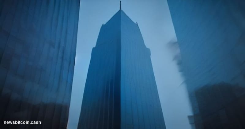 Cinematic photorealistic editorial photograph of the Korea Exchange building in Yeouido, Seoul's financial district, shot fro