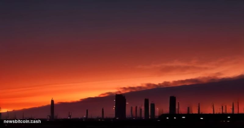 Cinematic photorealistic editorial photograph of an oil refinery silhouetted against a turbulent amber and crimson sky at dus