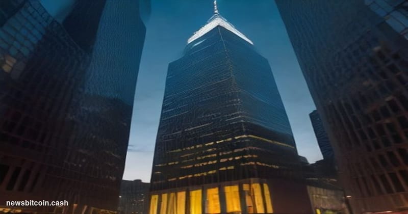 Cinematic photorealistic editorial photograph of the Goldman Sachs headquarters tower on West Street in Lower Manhattan, shot