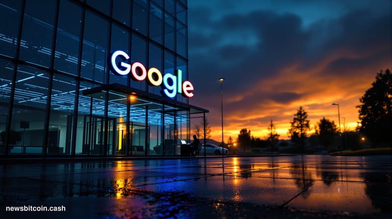 Cinematic photorealistic editorial photograph shot from a low angle looking up at Google's distinctive Mountain View, Califor