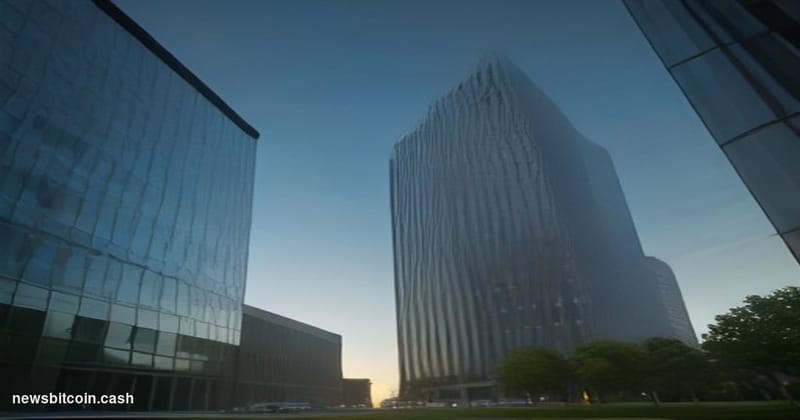 A cinematic photorealistic editorial photograph shot at ground level looking up at two towering corporate headquarters facade
