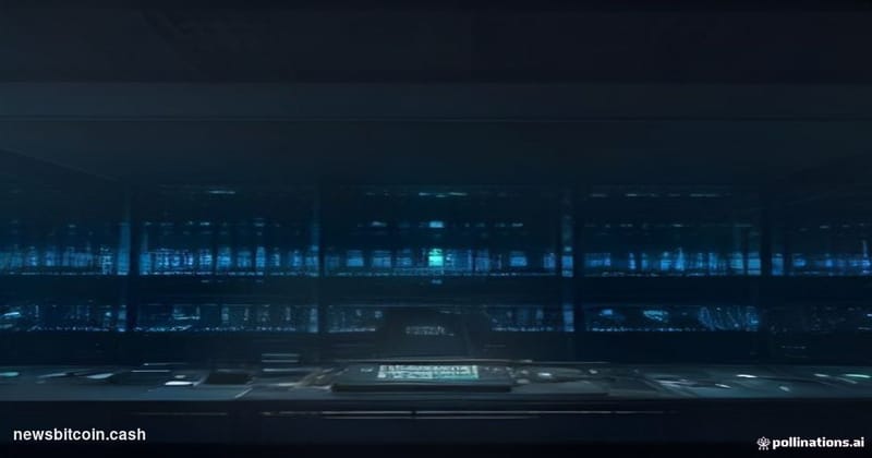 A cinematic photorealistic editorial photograph shot at a low angle looking up at a darkened server room filled with rows of 