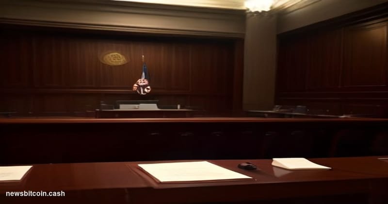 A cinematic photorealistic editorial photograph set inside a formal Washington D.C. regulatory hearing chamber, shot from a l
