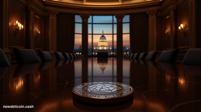 A cinematic photorealistic editorial photograph set inside a grand Federal Reserve boardroom, shot from a low angle looking t