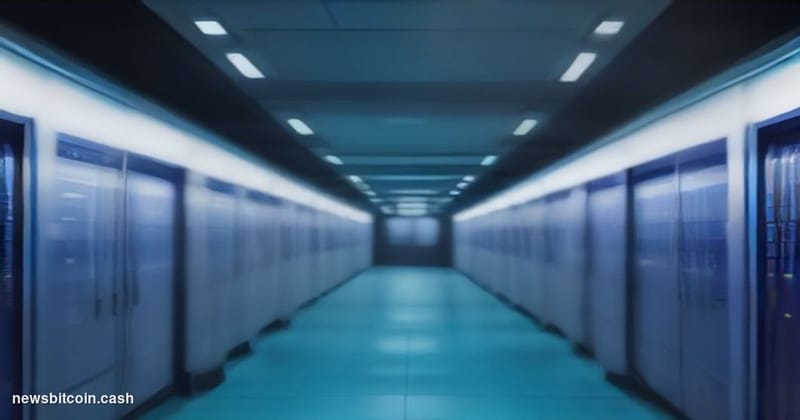 Cinematic photorealistic editorial photograph of a sleek, dimly lit server room corridor bathed in cool electric-blue and amb