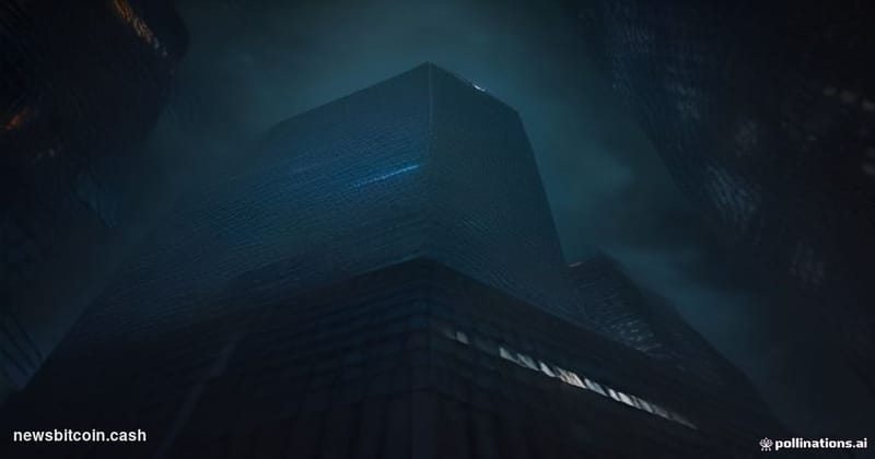 Cinematic photorealistic editorial photograph shot at a low angle looking up at two towering glass-and-steel corporate buildi