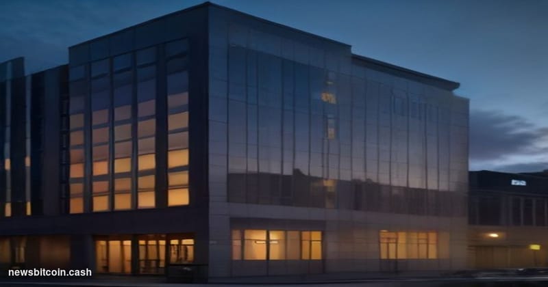 Cinematic photorealistic editorial photograph of Hargreaves Lansdown's Bristol headquarters building exterior at dusk, the co