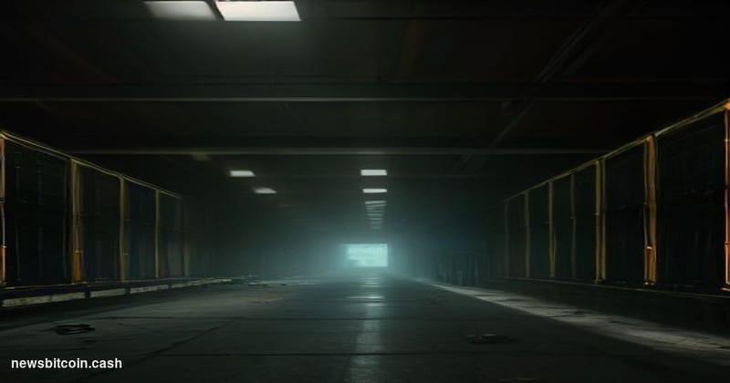A cinematic photorealistic editorial photograph of a dimly lit server room being decommissioned, with rows of dark, powered-d