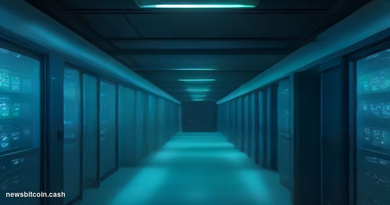 Cinematic photorealistic editorial photograph of a server room corridor bathed in cool blue-green light, with a single glowin