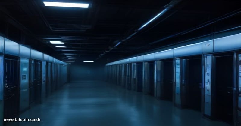 A cinematic photorealistic editorial photograph of a decommissioned server room in partial darkness, with rows of powered-dow