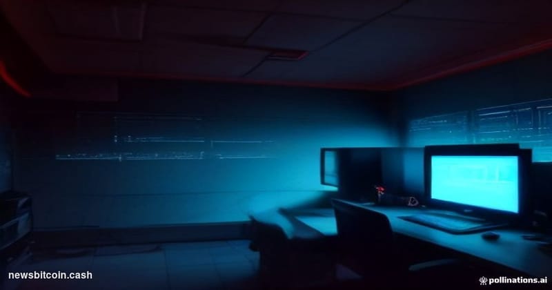 Cinematic photorealistic editorial photograph of a darkened financial technology operations center, lit from the left by cold