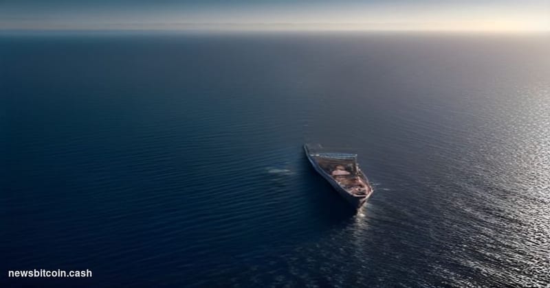 Cinematic photorealistic editorial photograph of a massive container ship navigating the narrow blue-grey waters of the Strai