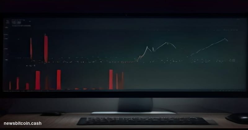 Cinematic photorealistic editorial photograph of a crashing price chart rendered on a large monitor screen in a dark, dramati