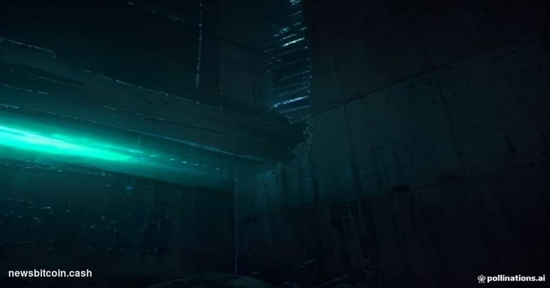 A cinematic photorealistic editorial photograph shot from a low angle looking up at a towering concrete wall with warning sig