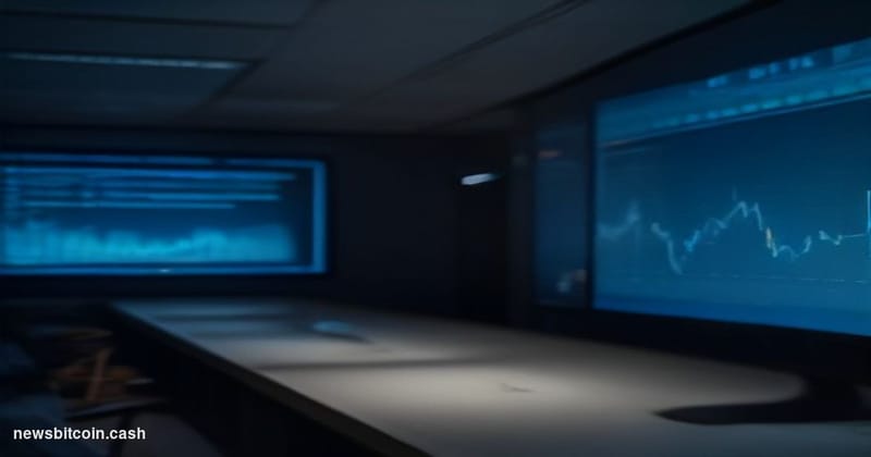 Cinematic photorealistic editorial photograph of a sleek modern financial exchange trading floor, dramatically lit with deep 