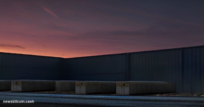 Cinematic photorealistic editorial photograph of a large industrial data center facility in Michigan's rust-belt landscape, s
