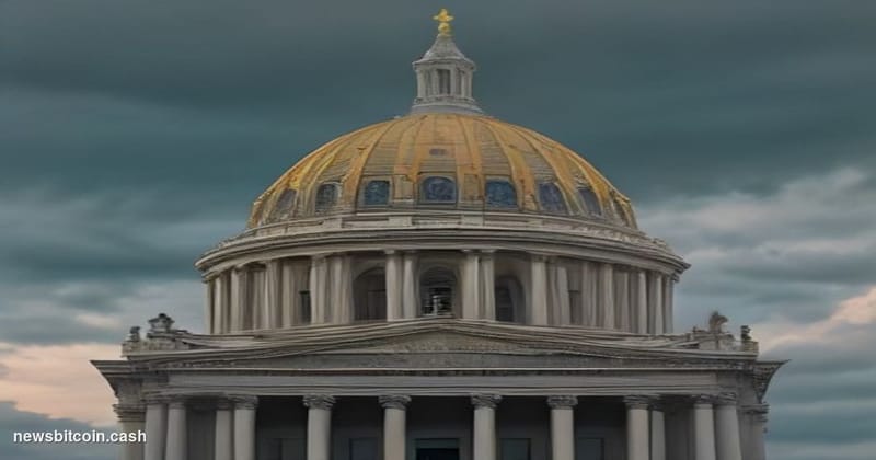 Cinematic photorealistic editorial photograph of the Illinois State Capitol building in Springfield, dramatic overcast sky wi