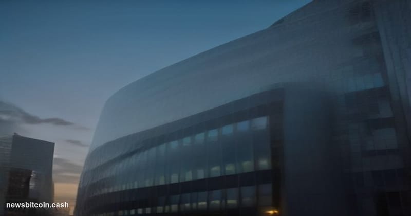 Cinematic photorealistic editorial photograph of the IMF headquarters building in Washington D.C. — the distinctive curved gl