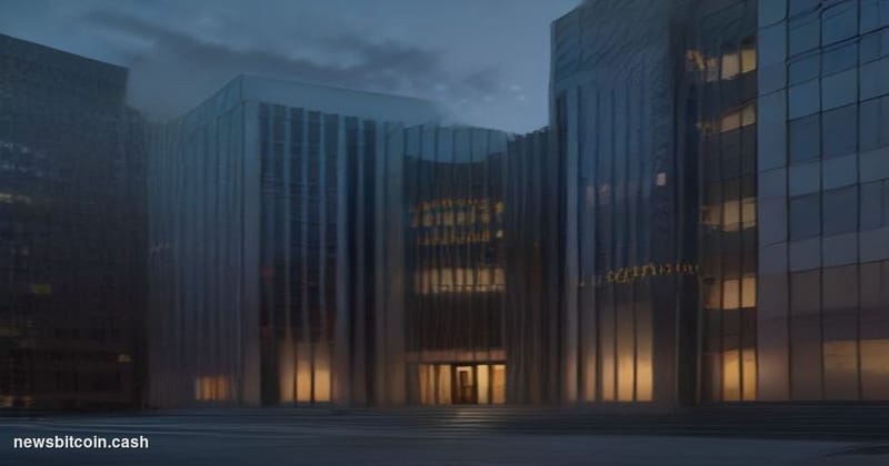 Cinematic photorealistic editorial photograph of the IMF headquarters building in Washington D.C. — the distinctive glass and